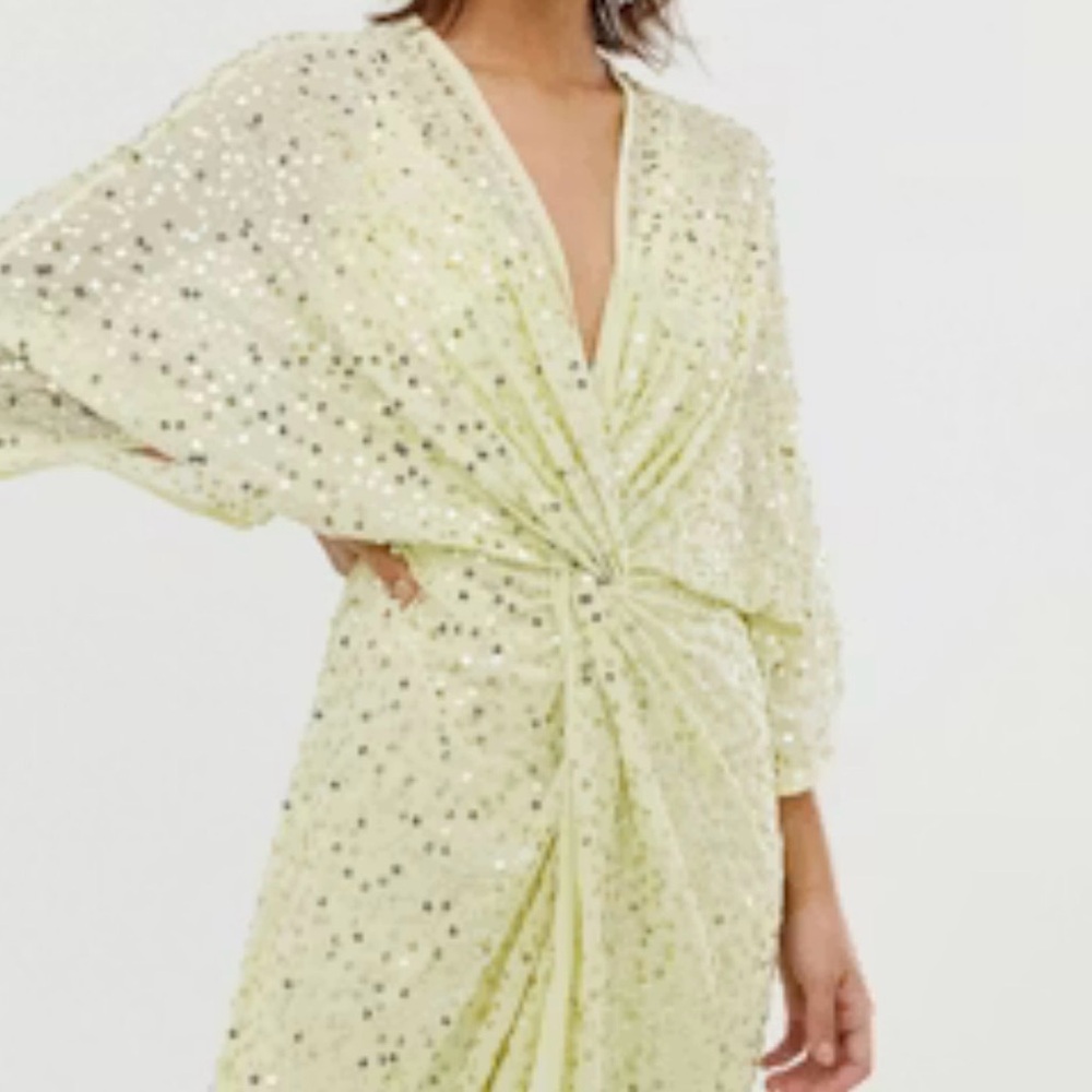 ASOS Pale Lime Sequin Twist-Front Long Sleeve Dress or Swimsuit Cover-up